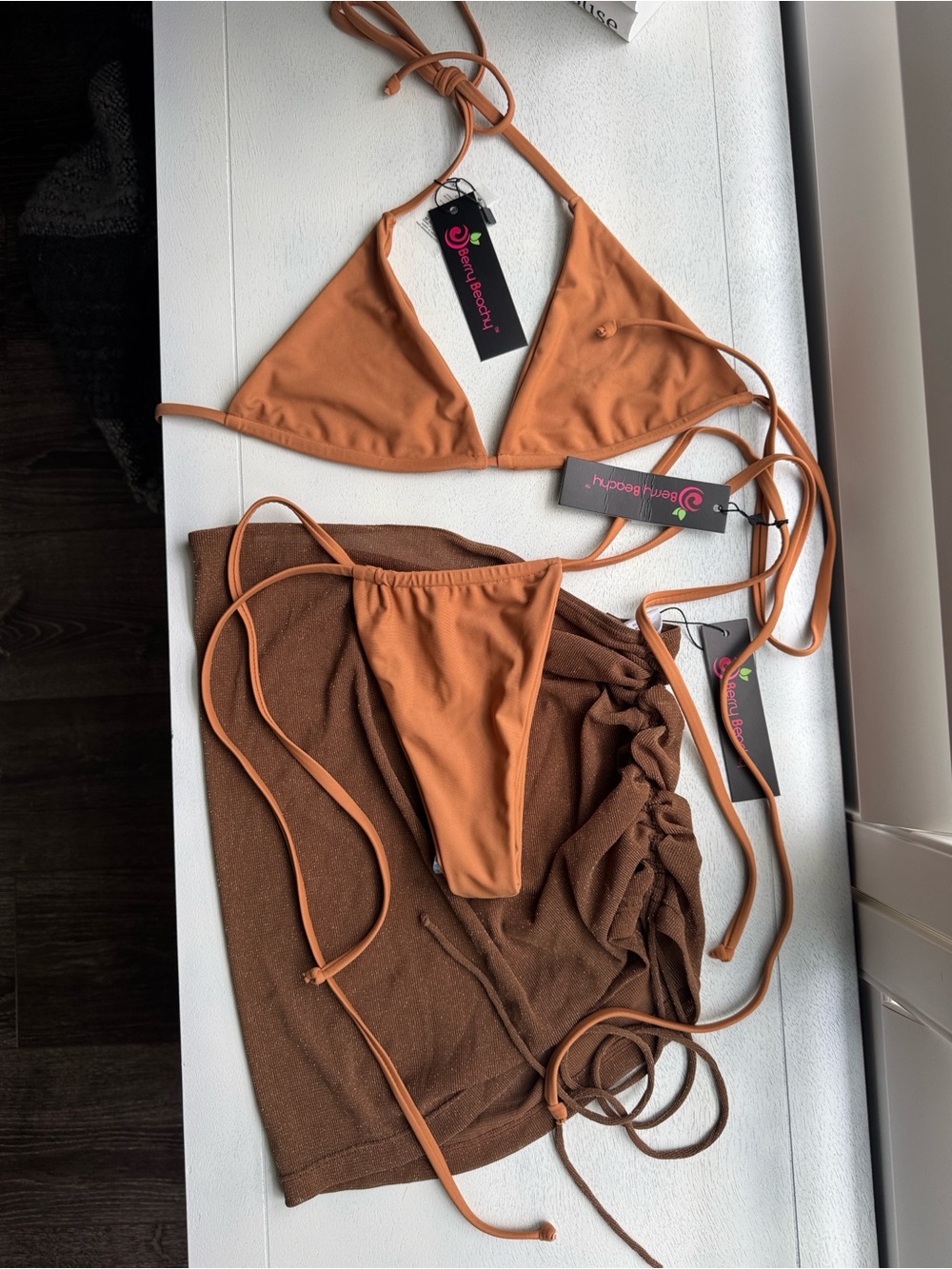 Nude tan brown Triangle Bikini Set with Matching Cover-Up by Berry Beachy NWT